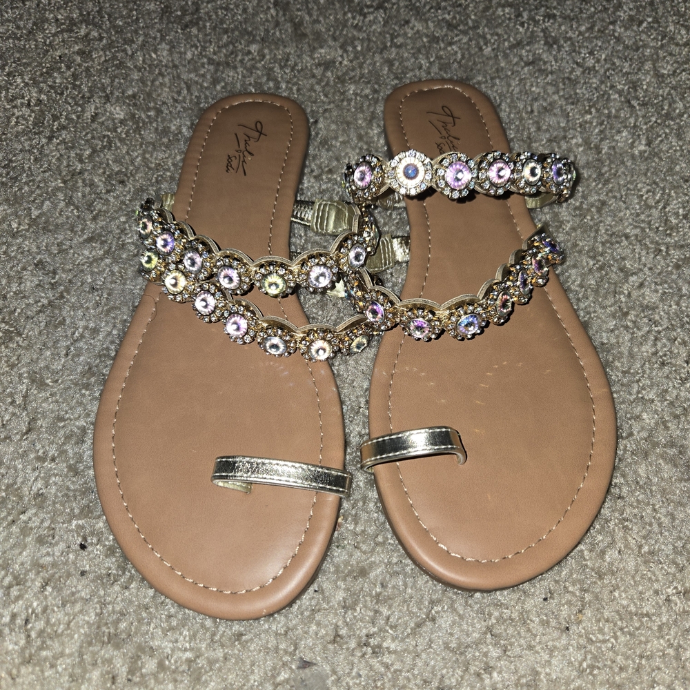 Thalia Sodi Gold and Tan Embellished Flat Sandals